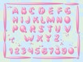 Pink blobs, a complete alphabet, on a decorative background with colored checkerboard squares