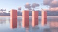 Pink blocks, ocean reflection, sunset sky, growth chart Royalty Free Stock Photo