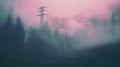 Misty Mountain Landscape With Power Lines - Dark Cyan And Pink Aesthetic