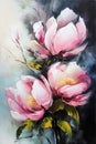 Pink blooming flowers, impasto, vertical oil painting, boho style, generative ai