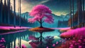 pink blooming trees in night light