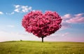pink blossom tree of love heart shape in green field over blue sky Royalty Free Stock Photo