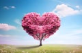 pink blossom tree of love heart shape in green field over blue sky Royalty Free Stock Photo