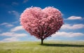 pink blossom tree of love heart shape in green field over blue sky Royalty Free Stock Photo