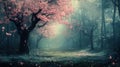 Pink Blossom Trees in a Misty Forest Royalty Free Stock Photo