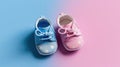Pink and blue baby booties top view. Gender reveal concept. Boy or girl