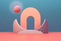 A pink and blue background with an arch and a ball. Generative AI image.