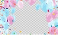 pink blue balloons with confetti falling down over background. Festival and joyful mood. Christmas, New Year, birthday or wedding Royalty Free Stock Photo