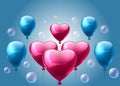 Pink and blue balloons realistic Vector. Heart shape shinny detailed 3d balloons