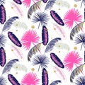 Pink and blue banana palm leaves seamless vector pattern.