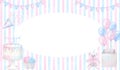 Pink blue banner gender reveal party invitation, baby shower. Boy or girl, he or she. Balloons box, cake, cupcake
