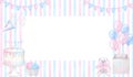 Pink blue banner gender reveal party invitation. Boy girl. Balloons box, cake, cupcake, confetti. Hand drawn