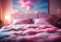 A pink and blue bed with a pink and blue comforter and pink pillows Royalty Free Stock Photo