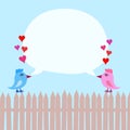 Pink and Blue Birds On Fence with Hearts and Speech Bubble ober