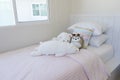 Pink and blue blanket with creative pillows on bed in colorful kids room Royalty Free Stock Photo