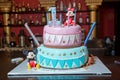 Pink and blue cake. Aque one . Happy Birthday . One cake. Mickey Mouse