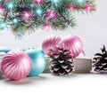 Pink and blue christmas balls and gift box with spruce branch Royalty Free Stock Photo