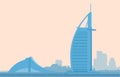 Pink and blue colored Dubai city view template. Flat vector illustration.