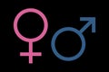 Pink and blue colored Gender icons, Male and Female icon symbol vector illustration isolated on black background Royalty Free Stock Photo