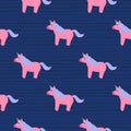 Pink and blue colored magic unicorn seamless pattern. Bright pink horses on navy blue striped background Royalty Free Stock Photo