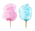 Pink and blue cotton candy on stick isolated watercolor Royalty Free Stock Photo