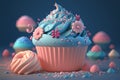 A pink and blue cupcake with a pink frosting and toppings on it and scattered pink flowers Generative AI technology