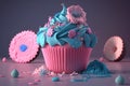 A pink and blue cupcake with a pink frosting and toppings on it and scattered pink flowers Generative AI technology