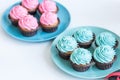 pink and blue cupcakes on plates on white table, baby shower party concept