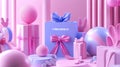 A Pink and Blue 3D Render Featuring Gift Boxes, Balloons, and the Words \