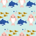 Pink and blue dolphines and fishes in a seamless pattern design Royalty Free Stock Photo