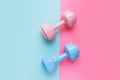 Pink and blue dumbbells on pastel background with copy space for text. Training with weights, fitness, sports and health concept.