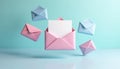 Pink and blue envelopes float around a central open pink envelope with a blank white card. Concept for email communication, Royalty Free Stock Photo
