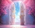 Pink and blue fantasy door background with colorful flowers.