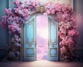 Pink and blue fantasy door background with colorful flowers.