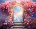 Pink and blue fantasy door background with colorful flowers.