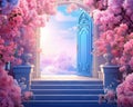 Pink and blue fantasy door background with colorful flowers.