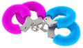 Pink and blue fluffy handcuffs, 3D rendering Royalty Free Stock Photo
