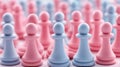 Pink and blue game pieces standing in neat rows. Strategic elements for spreading simple concepts and engaging diverse audiences. Royalty Free Stock Photo