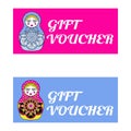 Pink and blue Gift voucher template with Russion dolls in zenta