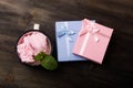 Pink and Blue Gifts and Strawberry Ice Cream Royalty Free Stock Photo
