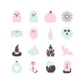 Halloween set Paper style. Pastel colored Helloween party icon. Traditional Halloween ghost, pumpkin, haunted house, bat Royalty Free Stock Photo