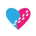 Pink and blue heart with footprints on a white background for advertising and greeting cards about love for children, motherhood,