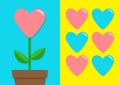 Pink Blue heart icon set. Flower pot. Cute plant collection. Love card. Growing concept. Flat design. Bright yellow background. Ha Royalty Free Stock Photo