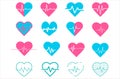 Pink and blue heart icon set with sign heartbeat. Love symbol. Valentine heart of love.