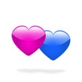 Pink and blue hearts together. Isolated white background.