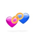 Pink and blue hearts together. Linked gold wedding rings.