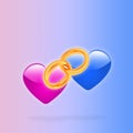 Pink and blue hearts together. Linked gold wedding rings.