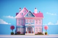 Pink and blue house on road