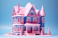 Pink and blue house with snow on roof