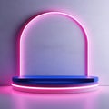 A pink and blue illuminated shelf in a white room